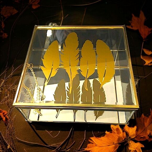 Feather Print Glass Trinket Box Vintage 90s Jewelry Gold Tone Western Bohemian - Picture 1 of 16